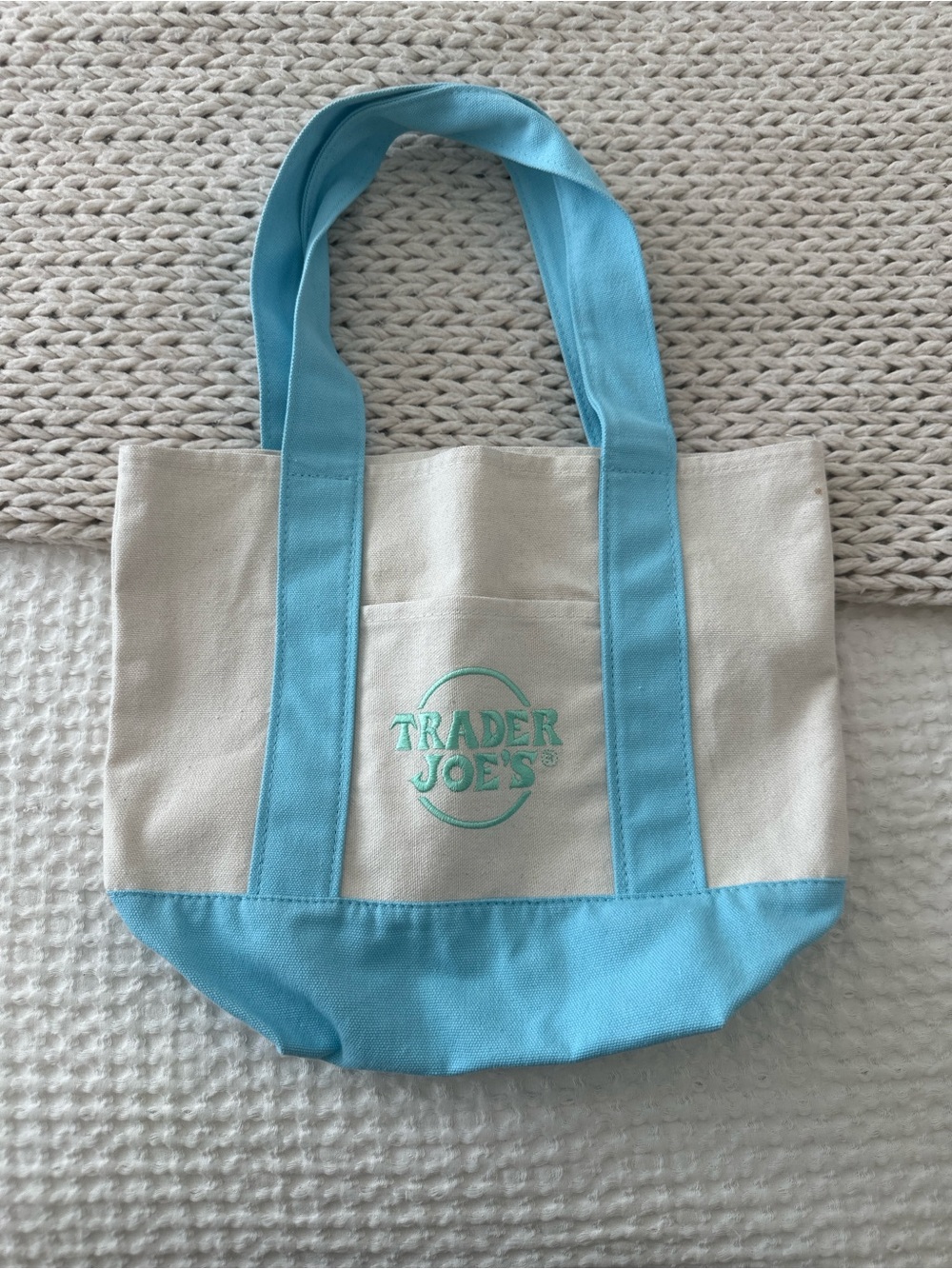 Trader joes mini Canvas Tote Bag - Cream with Light Blue